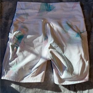 Fabletic Women’s White Patterned Shorts with blue and pink accents, size medium